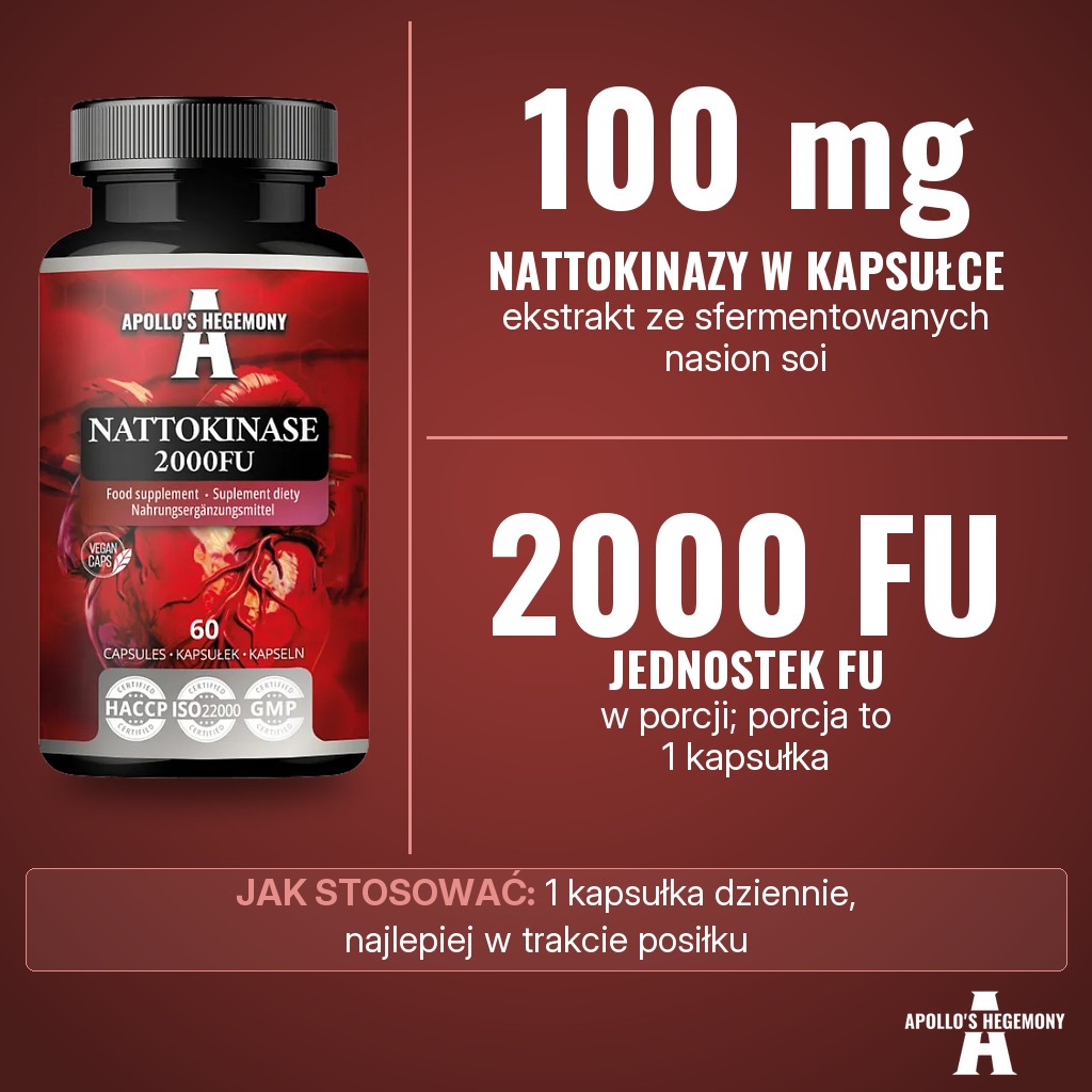 Apollos Hegemony Nattokinase 2000 FU (nattokinaza): 100 mg nattokinazy z ekstraktu ze sfermentowanych nasion soi, 2000 FU