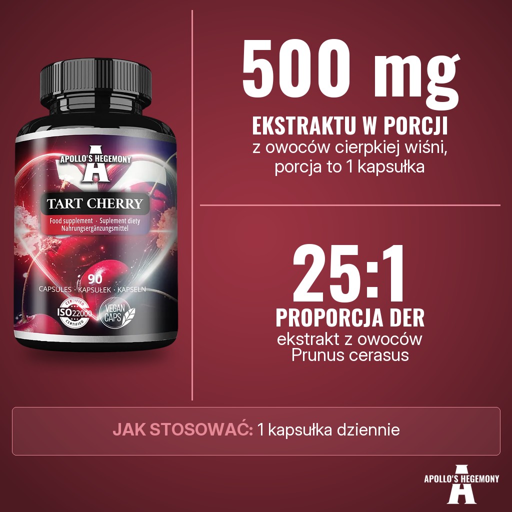 Apollos Hegemony Tart Cherry: 500 mg ekstraktu z owoców cierpkiej wiśni (Prunus cerasus) DER 25:1