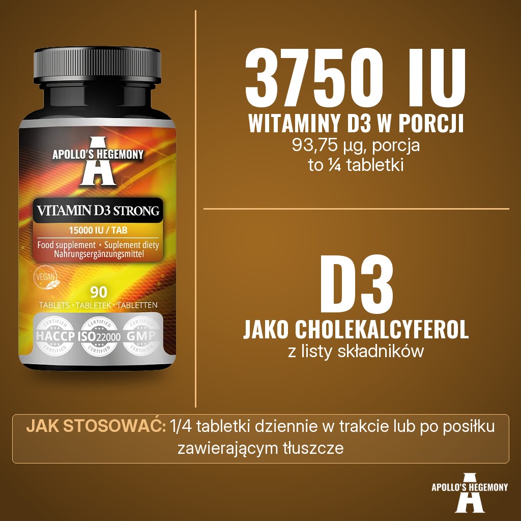 Apollos Hegemony Vitamin D3 Strong: 3750 IU (93,75 µg) witaminy D3 w porcji (¼ tabletki) jako cholekalcyferol