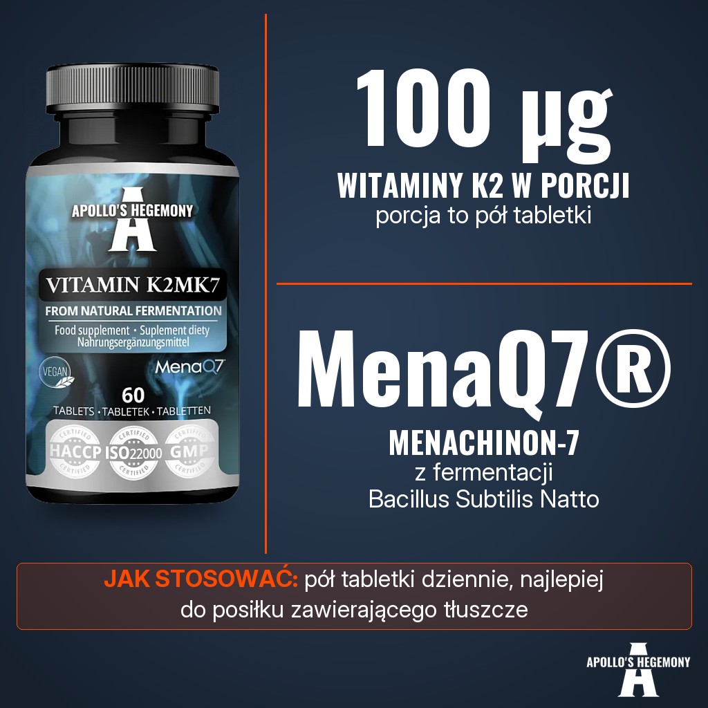 Apollos Hegemony Vitamin K2 MK7: 100 µg witaminy K2 w porcji pół tabletki jako MenaQ7®, menachinon-7 z fermentacji Bacillus subtilis natto