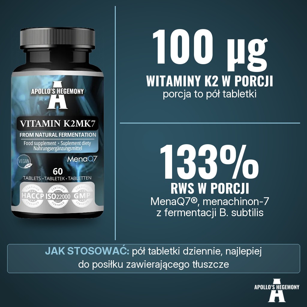 Apollos Hegemony Vitamin K2 MK7: 100 µg witaminy K2 w porcji pół tabletki (133% RWS) jako MenaQ7®, menachinon-7 z fermentacji Bacillus subtilis natto