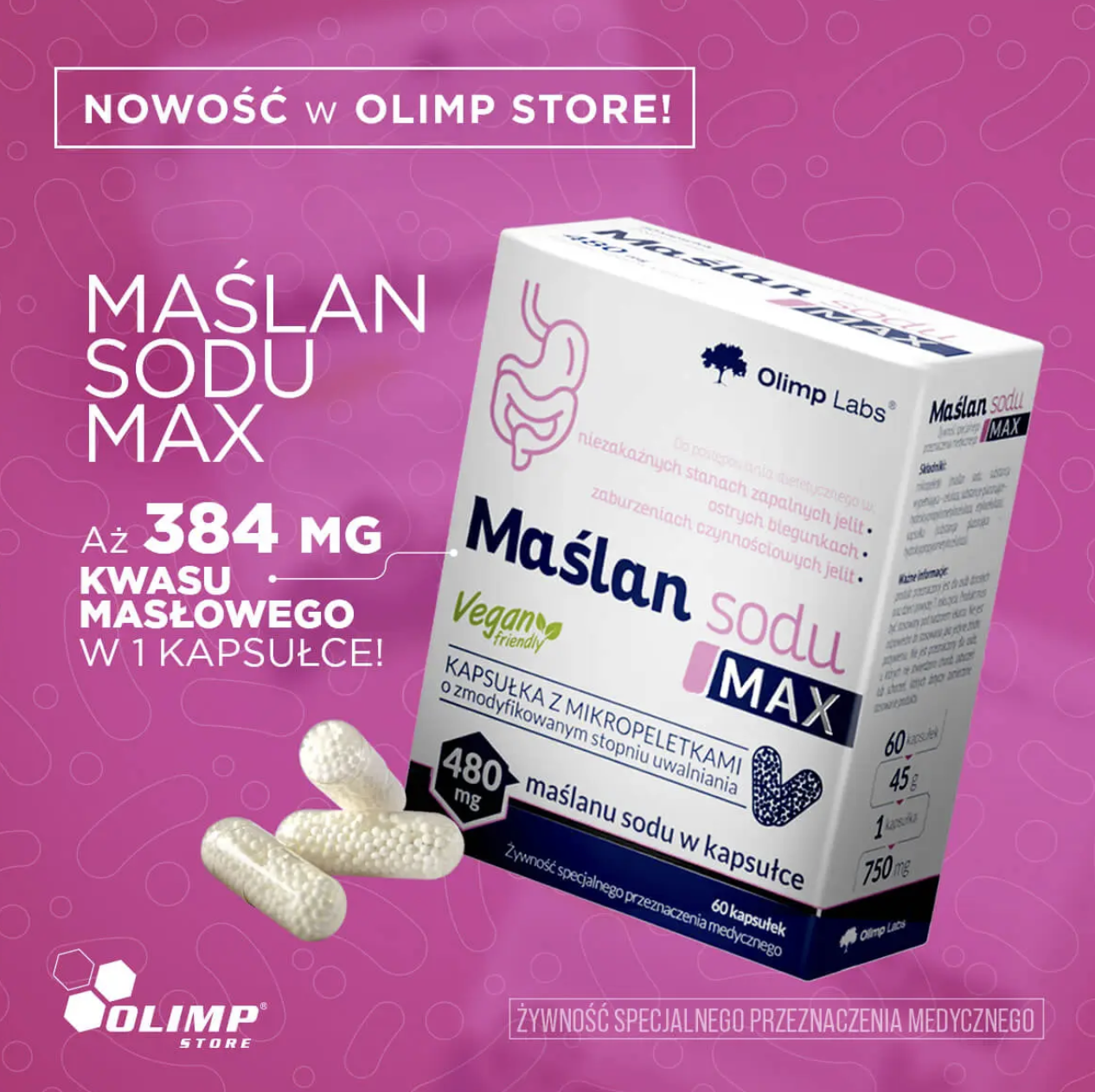 Olimp Maślan Sodu MAX: kartonik 60 kapsułek, 480 mg maślanu sodu w kapsułce, żywność specjalnego przeznaczenia medycznego