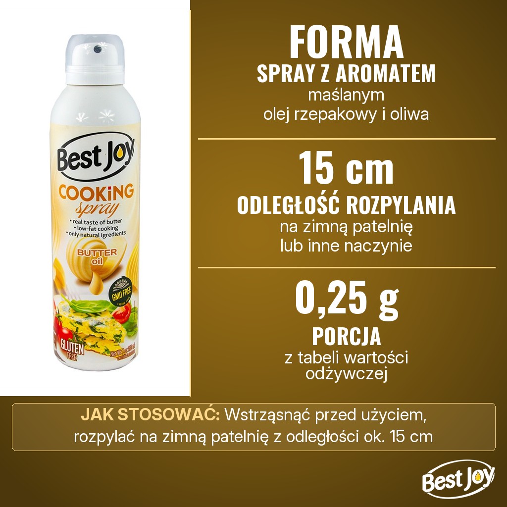 Best Joy Cooking Spray Butter Oil: olej rzepakowy i oliwa z oliwek z aromatem maślanym w sprayu, rozpylać z ok. 15 cm