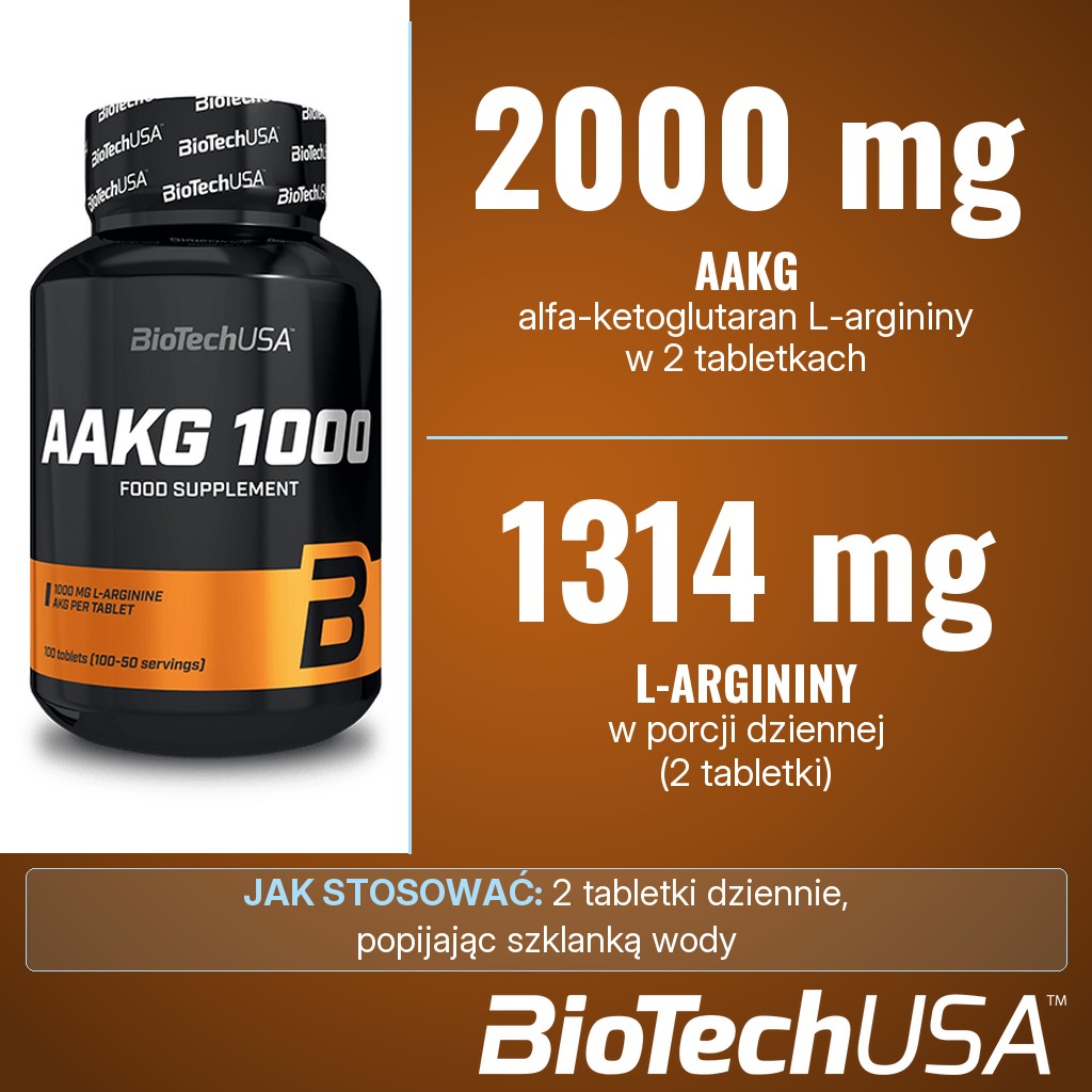 BioTechUSA AAKG 1000: 2000 mg alfa-ketoglutaranu L-argininy, w tym 1314 mg L-argininy, w 2 tabletkach dziennie