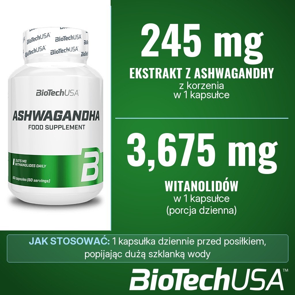 BioTechUSA Ashwagandha: 245 mg ekstraktu z korzenia ashwagandhy, w tym 3,675 mg witanolidów, w 1 kapsułce dziennie