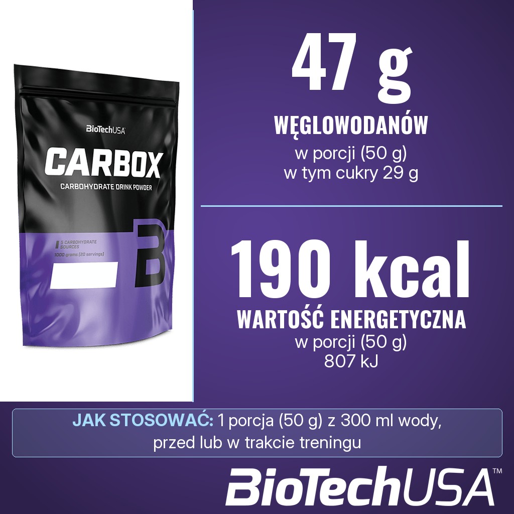 BioTechUSA Carbox: 47 g węglowodanów i 190 kcal w porcji 50 g