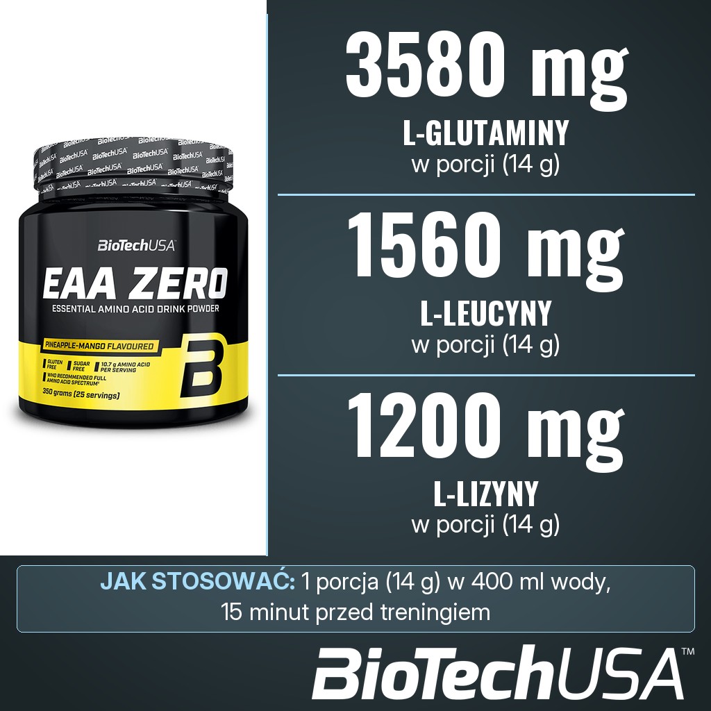 BioTechUSA EAA Zero: 3580 mg L-glutaminy, 1560 mg L-leucyny i 1200 mg L-lizyny w porcji 14 g