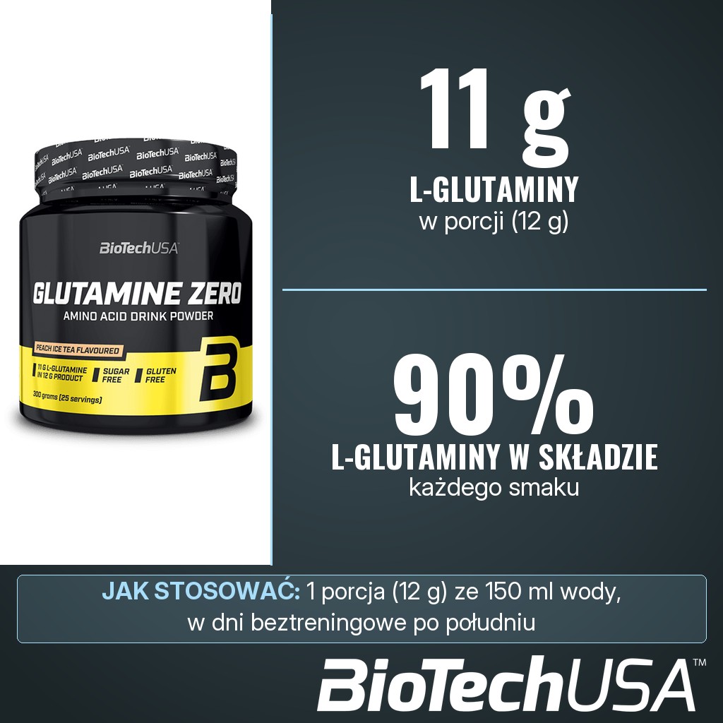 BioTechUSA Glutamine Zero: 11 g L-glutaminy w porcji 12 g, L-glutamina to 90% składu