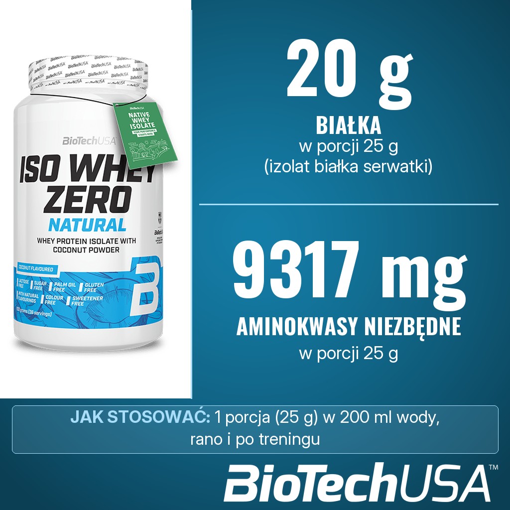 BioTechUSA Iso Whey Zero Natural kokos: 20 g białka i 9317 mg aminokwasów niezbędnych w porcji 25 g