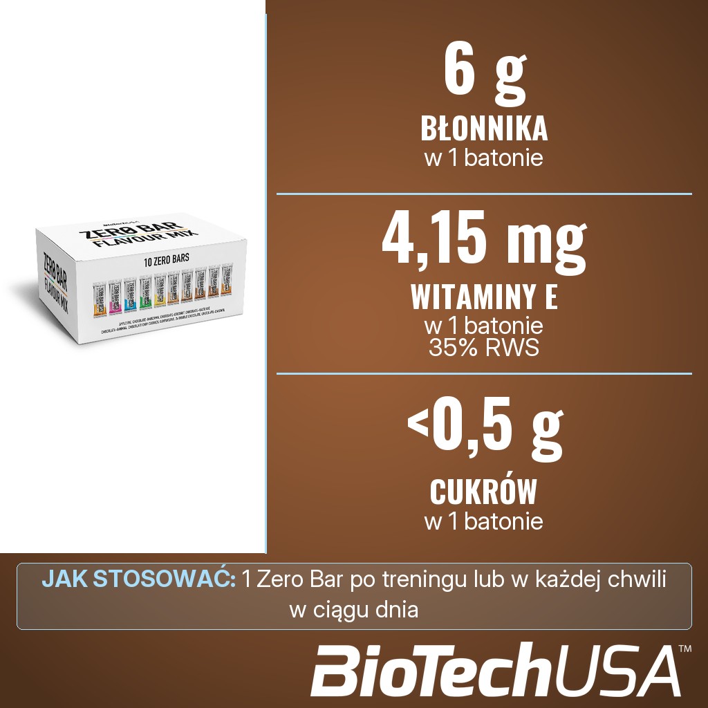 BioTechUSA KIT Zero Bar Flavour Mix: 6 g błonnika, 4,15 mg witaminy E (35% RWS) i poniżej 0,5 g cukrów w 1 batonie