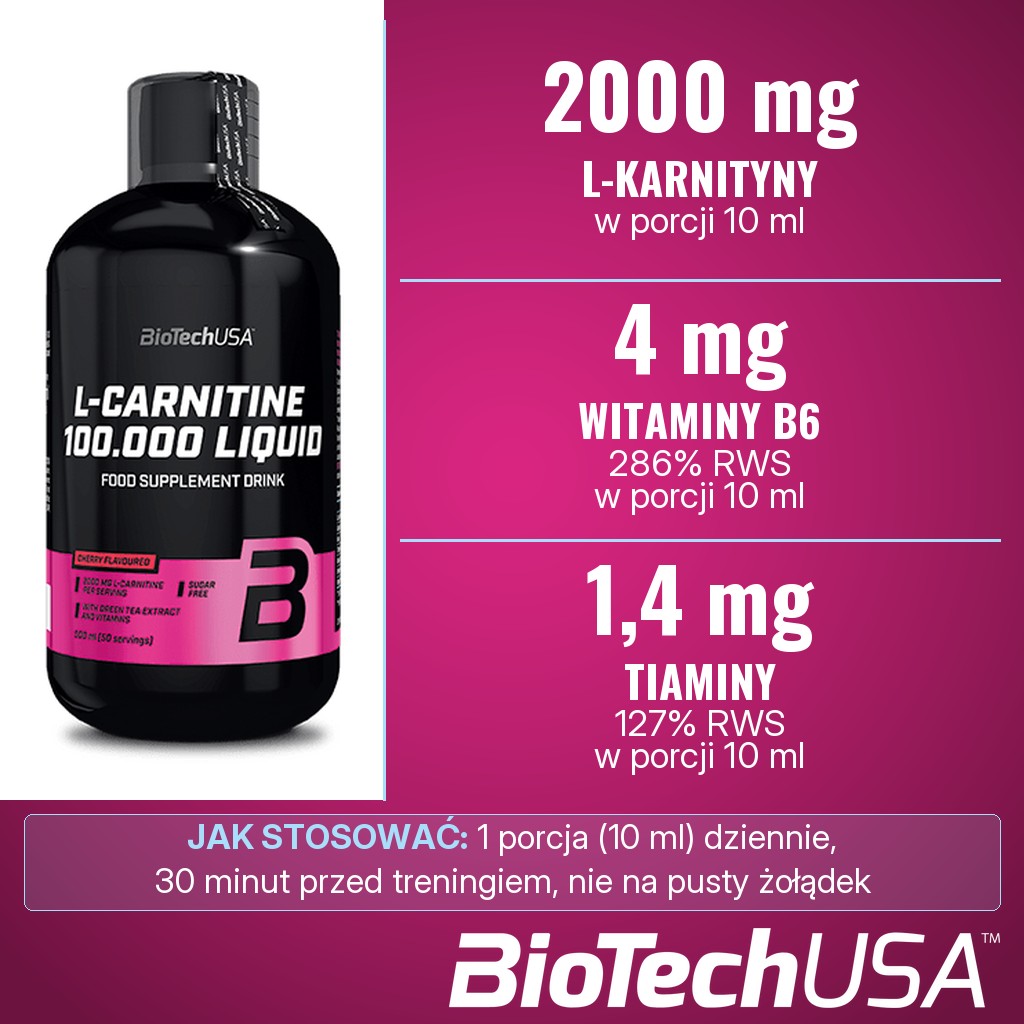 BioTechUSA L-Carnitine 100.000 Liquid: 2000 mg L-karnityny, 4 mg witaminy B6 i 1,4 mg tiaminy w porcji 10 ml