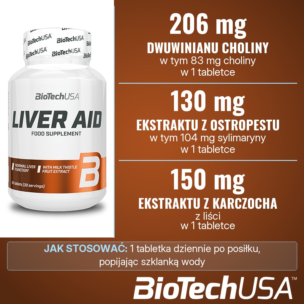 BioTechUSA Liver Aid: 206 mg dwuwinianu choliny, 130 mg ekstraktu z ostropestu i 150 mg ekstraktu z liści karczocha w 1 tabletce