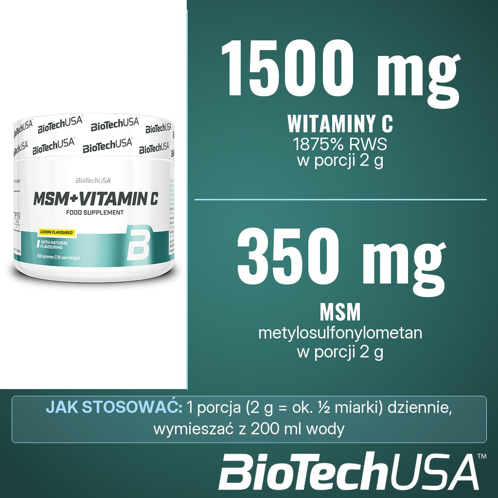 BioTechUSA MSM + Vitamin C: 1500 mg witaminy C i 350 mg MSM w porcji 2 g, napój w proszku