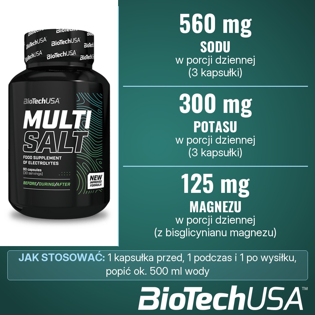 BioTechUSA MultiSalt: 560 mg sodu, 300 mg potasu i 125 mg magnezu w porcji dziennej (3 kapsułki)