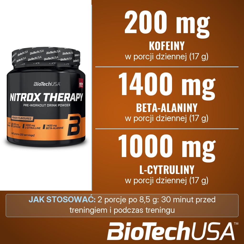 BioTechUSA Nitrox Therapy: 200 mg kofeiny, 1400 mg beta-alaniny i 1000 mg L-cytruliny w porcji dziennej 17 g