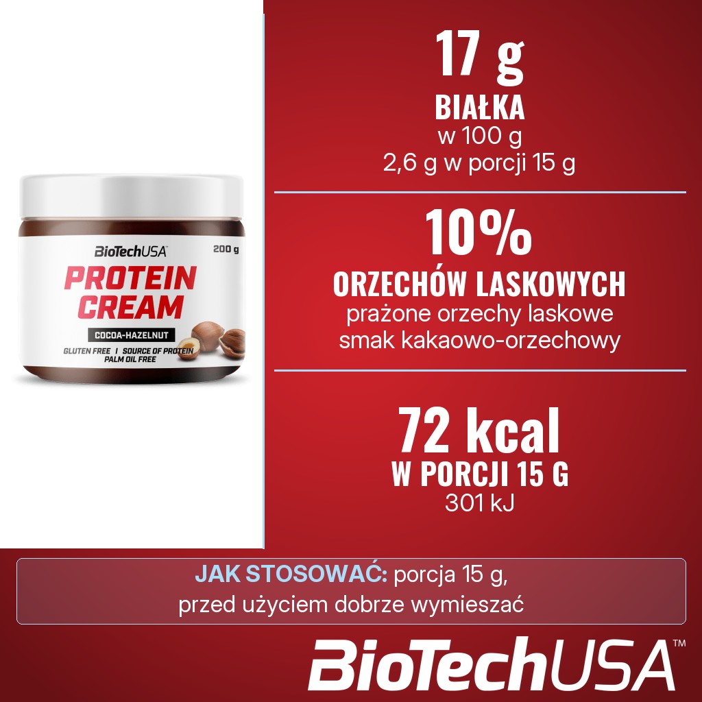 BioTechUSA Protein Cream kakaowo-orzechowy: 17 g białka w 100 g, 10% prażonych orzechów laskowych, 72 kcal w porcji 15 g