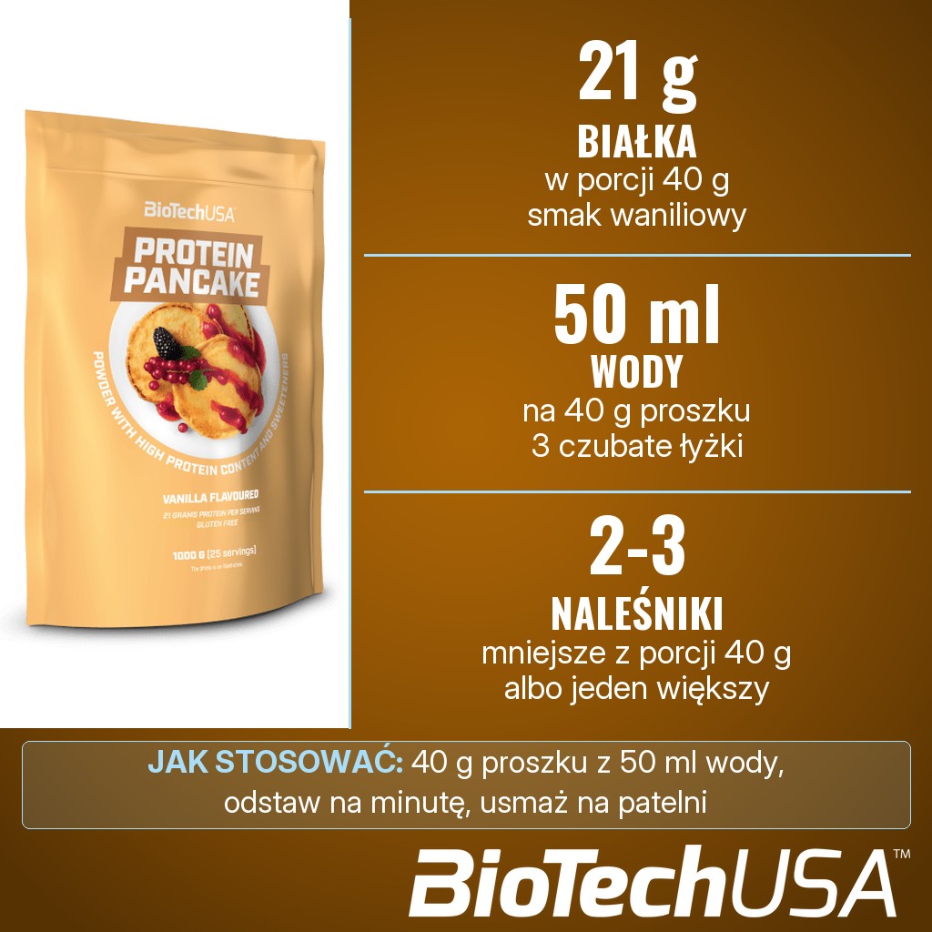 BioTechUSA Protein Pancake: 21 g białka w porcji 40 g (smak waniliowy), 40 g proszku z 50 ml wody na 2-3 mniejsze naleśniki