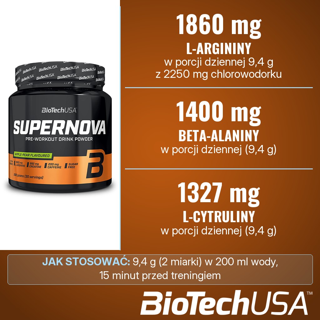 BioTechUSA SuperNova: 1860 mg L-argininy (z 2250 mg chlorowodorku), 1400 mg beta-alaniny i 1327 mg L-cytruliny w porcji dziennej 9,4 g