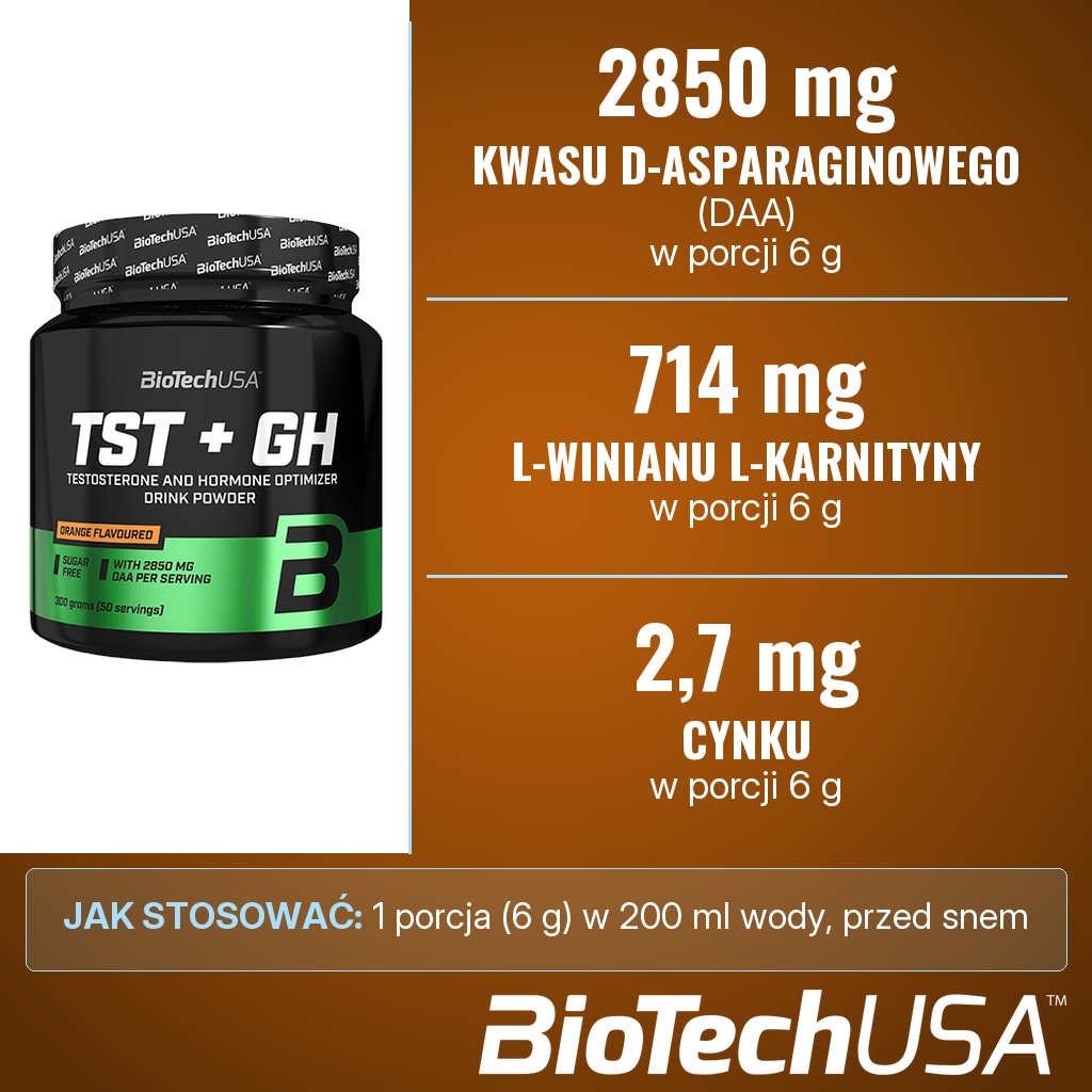 BioTechUSA TST + GH: 2850 mg kwasu D-asparaginowego, 714 mg L-winianu L-karnityny i 2,7 mg cynku w porcji 6 g