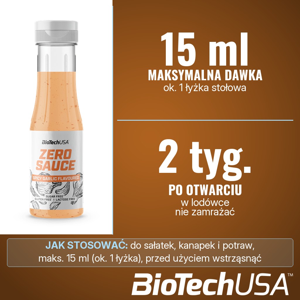 BioTechUSA Zero Sauce, sos z substancjami słodzącymi: zalecana maksymalna dawka 15 ml, po otwarciu w lodówce do 2 tygodni