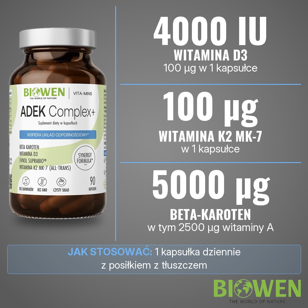Biowen ADEK Complex+: 4000 IU (100 µg) witaminy D3, 100 µg witaminy K2 MK-7 i 5000 µg beta-karotenu w 1 kapsułce