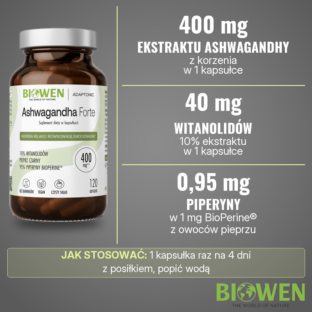 Biowen Ashwagandha Forte: 400 mg ekstraktu z korzenia ashwagandhy w 1 kapsułce, w tym 40 mg witanolidów (10%) i 0,95 mg piperyny
