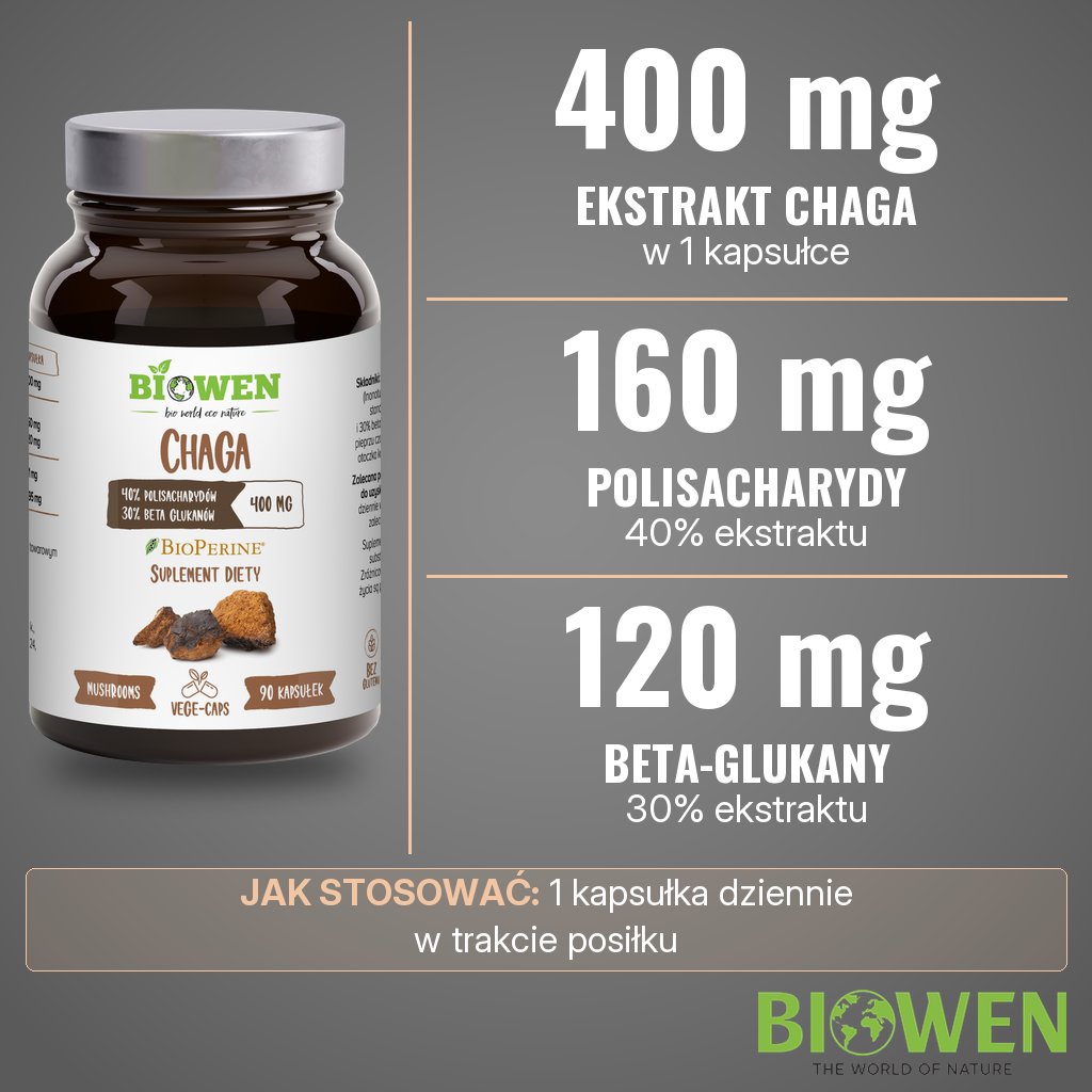 Biowen Chaga: 400 mg ekstraktu z chagi, w tym 160 mg polisacharydów i 120 mg beta-glukanów w 1 kapsułce