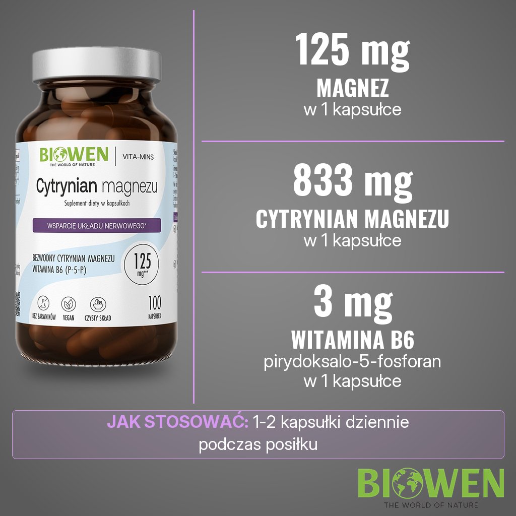 Biowen Cytrynian magnezu + Witamina B6: 125 mg magnezu z 833 mg cytrynianu magnezu i 3 mg witaminy B6 w kapsułce