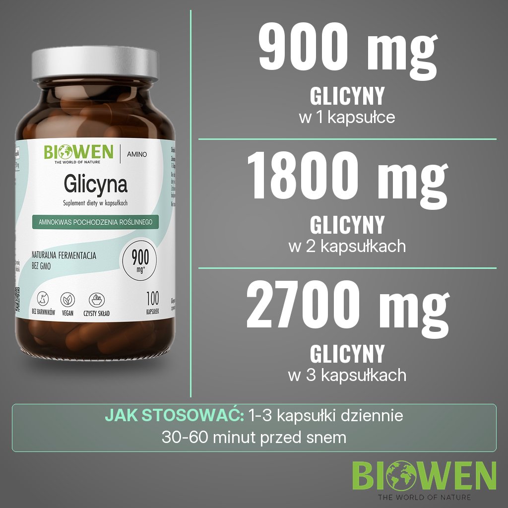 Biowen Glicyna: 900 mg glicyny w 1 kapsułce, 1800 mg w 2 i 2700 mg w 3 kapsułkach