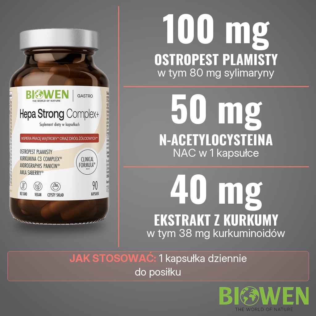 Biowen Hepa Strong Complex+: 100 mg ekstraktu z ostropestu plamistego, 50 mg NAC i 40 mg ekstraktu z kurkumy w 1 kapsułce