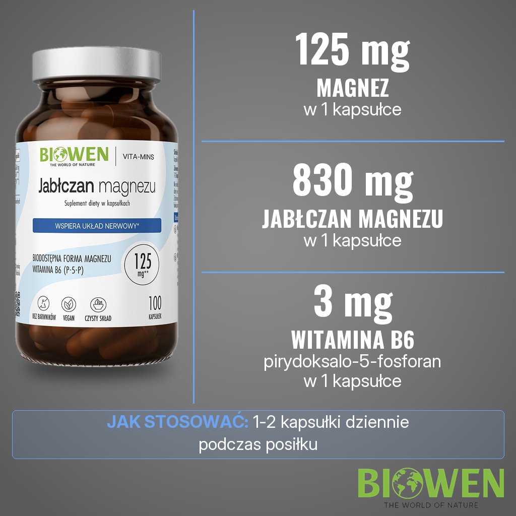 Biowen Jabłczan magnezu: 125 mg magnezu z 830 mg jabłczanu magnezu i 3 mg witaminy B6 w kapsułce