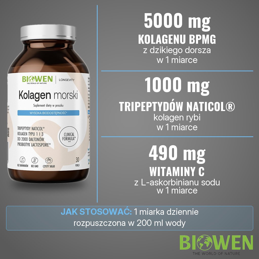 Biowen Kolagen morski: 5000 mg kolagenu BPMG, 1000 mg kolagenu Naticol Tripeptydy i 490 mg witaminy C w 1 miarce