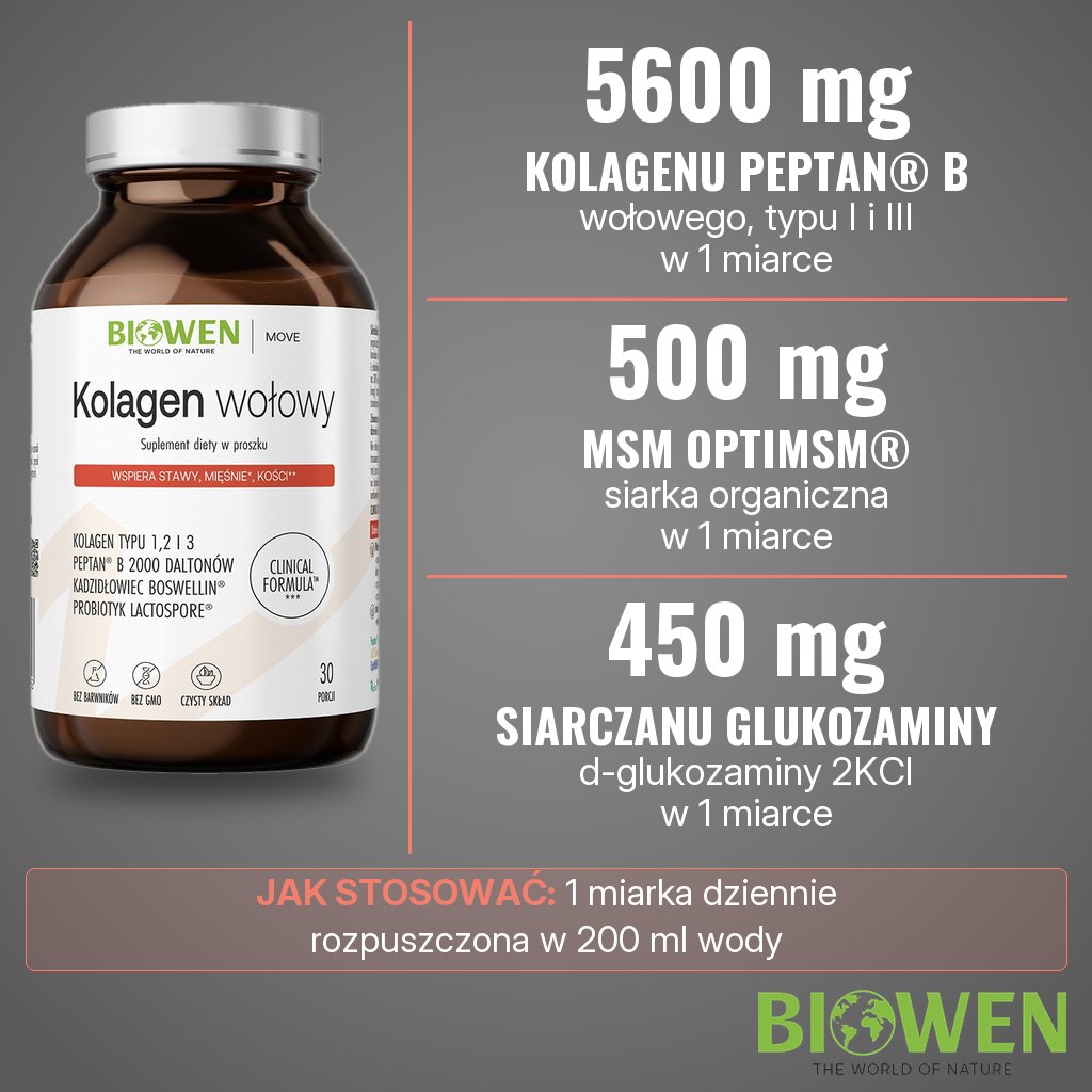Biowen Kolagen wołowy: 5600 mg kolagenu Peptan B, 500 mg MSM i 450 mg siarczanu d-glukozaminy w 1 miarce