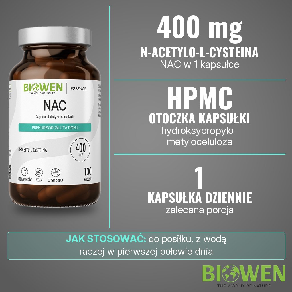 Biowen NAC: 400 mg N-acetylo-L-cysteiny (NAC) w 1 kapsułce z HPMC