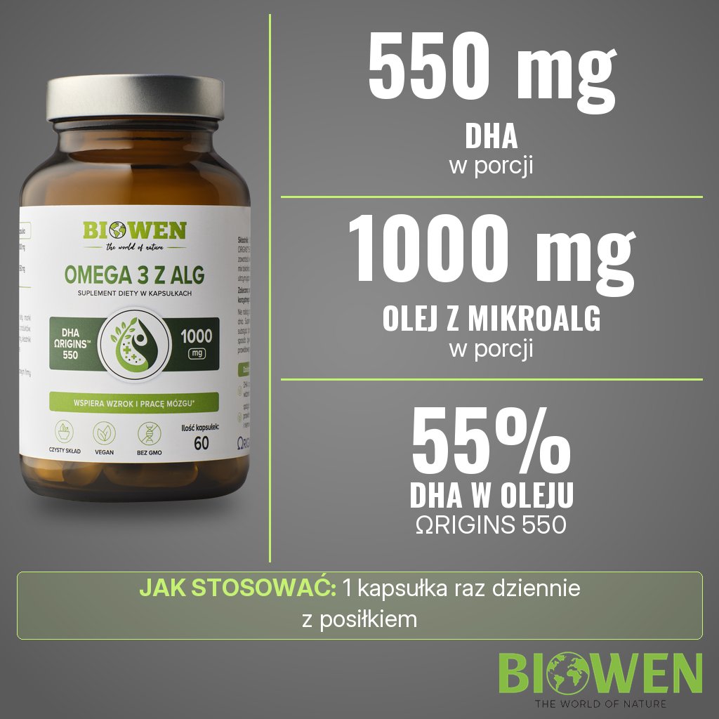 Biowen Omega-3 z alg: 550 mg DHA w 1 kapsułce z 1000 mg oleju z mikroalg Schizochytrium sp.