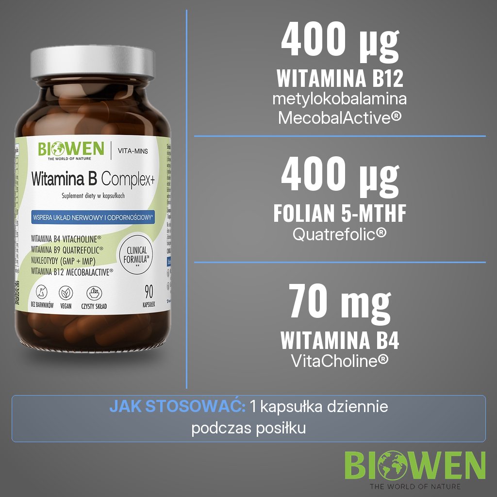 Biowen Witamina B Complex+: 400 µg witaminy B12 MecobalActive®, 400 µg folianu Quatrefolic® i 70 mg witaminy B4 VitaCholine® w 1 kapsułce