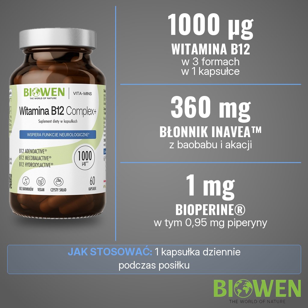 Biowen Witamina B12 Complex+: 1000 µg witaminy B12 w trzech formach, 360 mg błonnika Inavea™ i 1 mg BioPerine® w 1 kapsułce