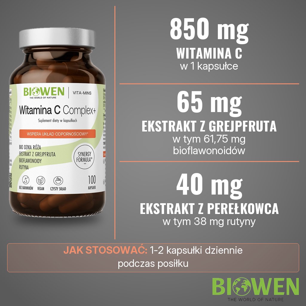 Biowen Witamina C Complex+ kapsułki: 850 mg witaminy C, 65 mg ekstraktu z grejpfruta i 40 mg ekstraktu z perełkowca w 1 kapsułce