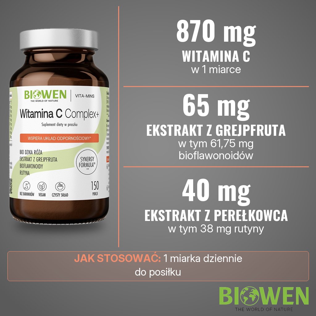 Biowen Witamina C Complex+ proszek: 870 mg witaminy C, 65 mg ekstraktu z grejpfruta i 40 mg ekstraktu z perełkowca w 1 miarce