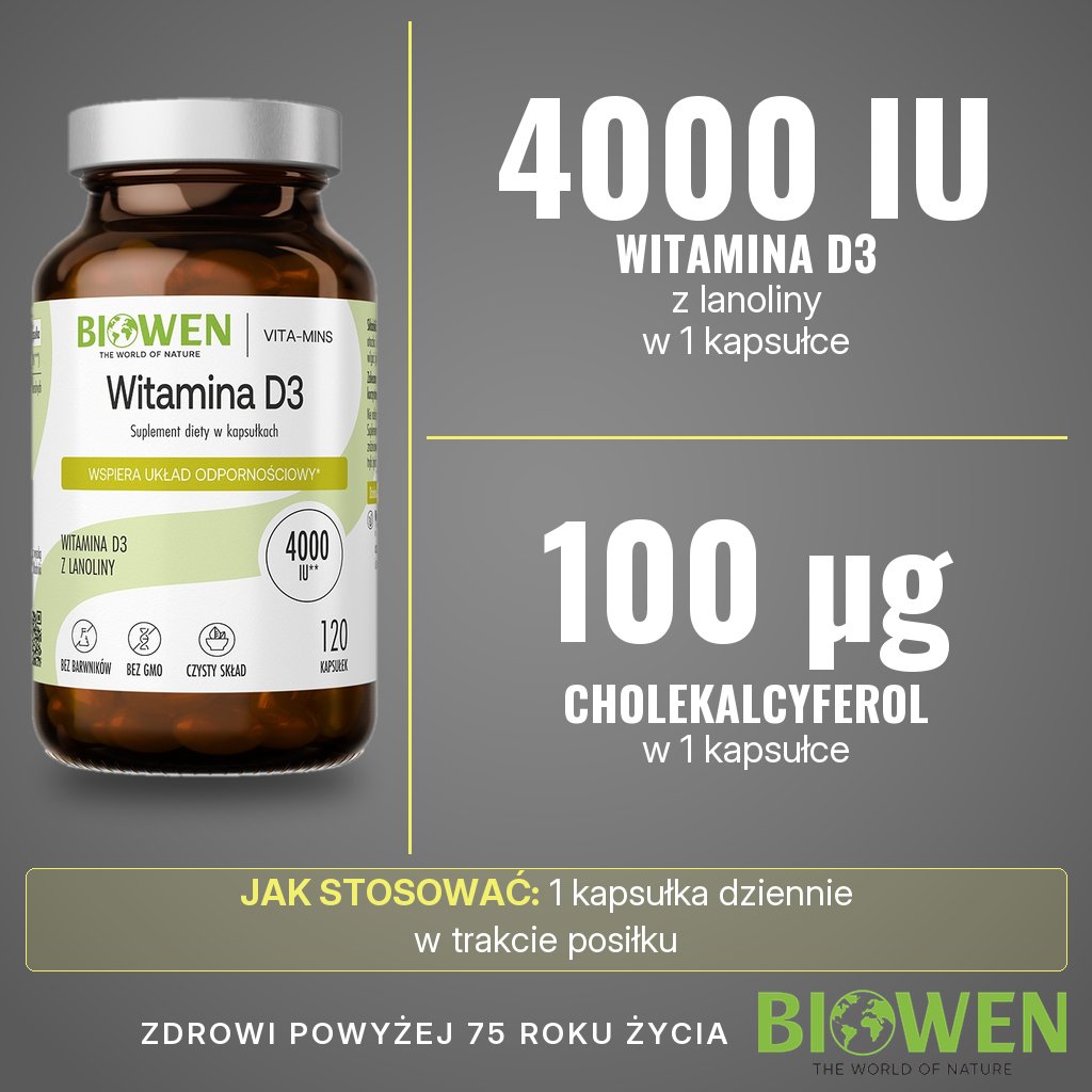 Biowen Witamina D3: 100 µg (4000 IU) witaminy D3 z lanoliny w 1 kapsułce