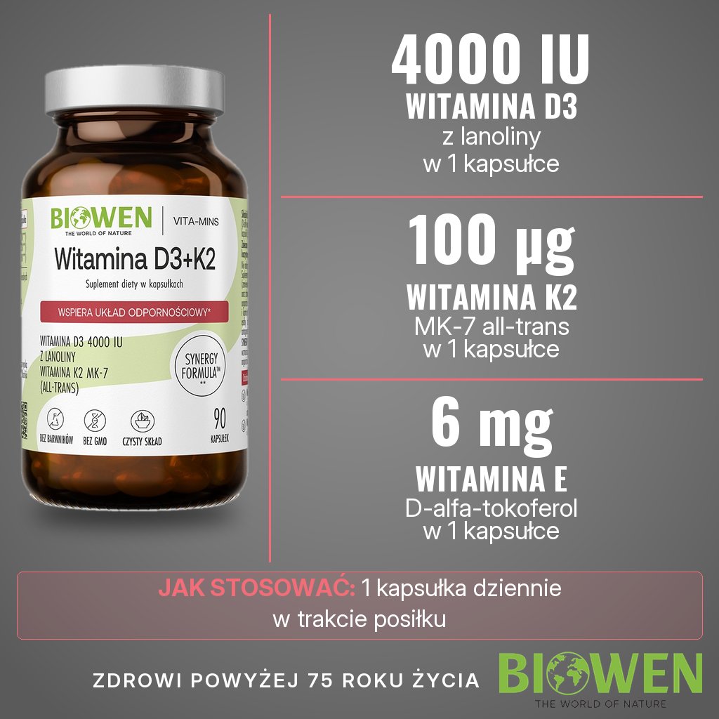 Biowen Witamina D3 + K2: 100 µg (4000 IU) witaminy D3 i 100 µg witaminy K2 MK-7 w 1 kapsułce