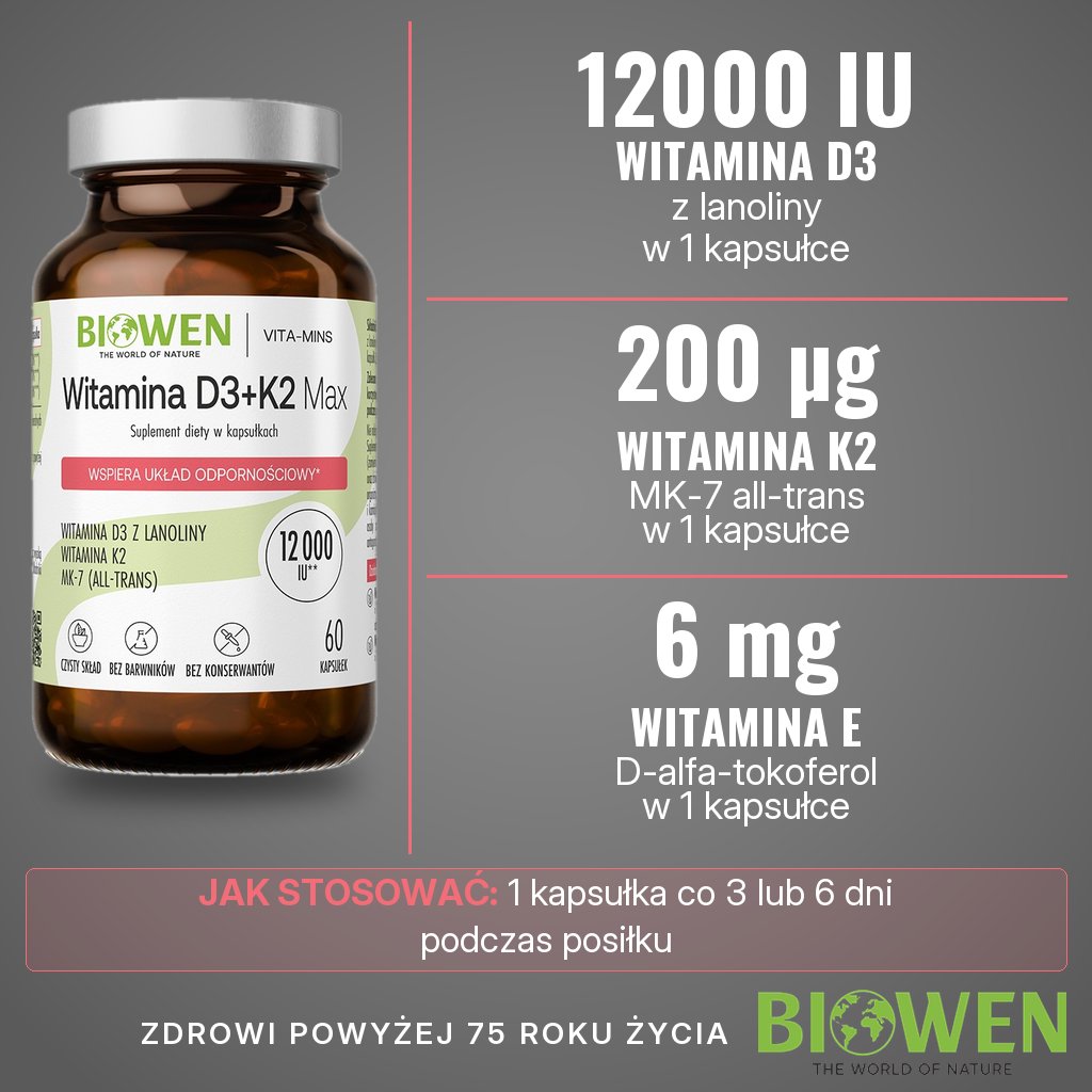 Biowen Witamina D3 + K2 Max: 300 µg (12000 IU) witaminy D3 i 200 µg witaminy K2 MK-7 w 1 kapsułce