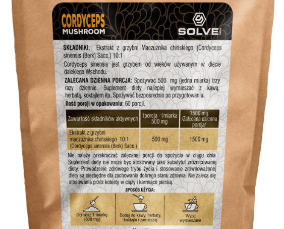 Solve Labs Cordyceps 10:1 Mushroom Powder: informacja żywieniowa z etykiety