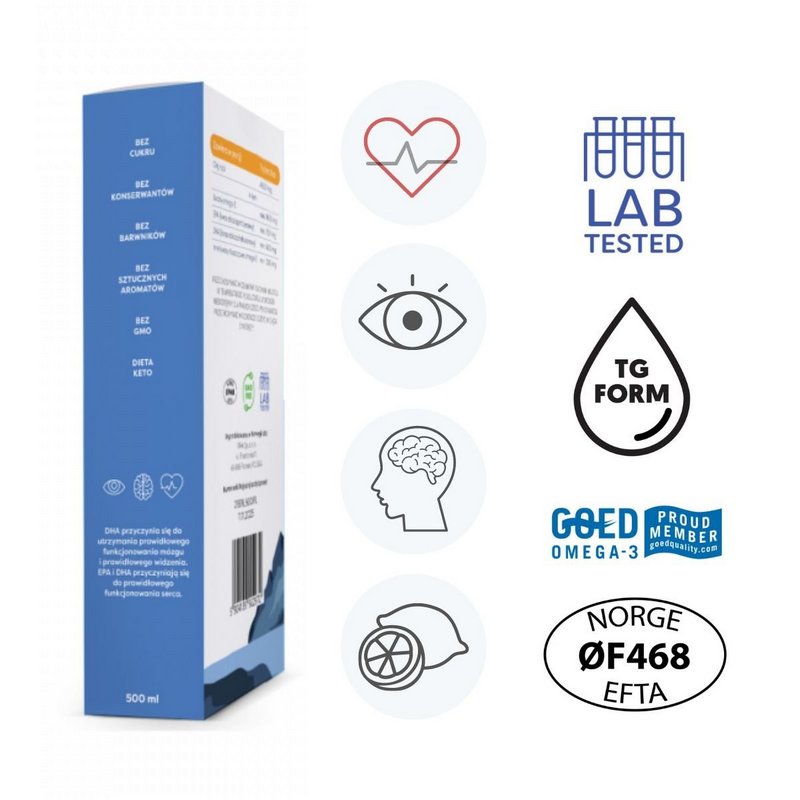 Osavi Daily Omega 500 ml: bok opakowania z oznaczeniami producenta (bez cukru, bez konserwantów, bez barwników, bez GMO) oraz znakami Lab Tested, TG Form i GOED