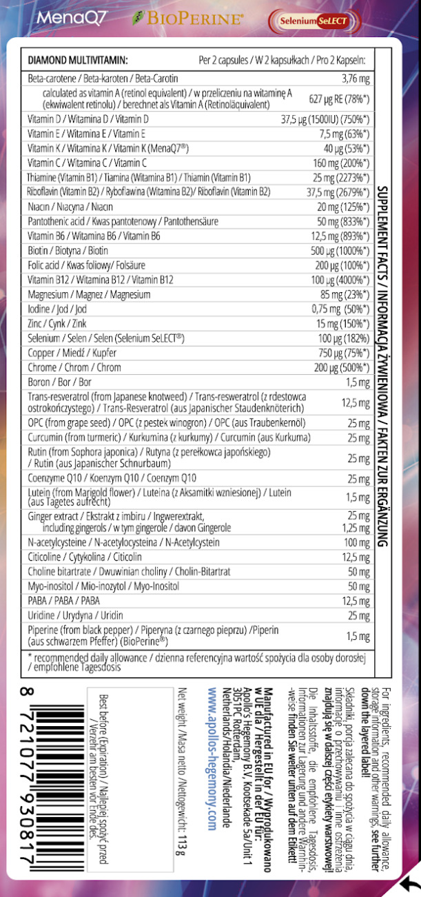 Apollo's Hegemony Diamond Multivitamin: informacja żywieniowa z etykiety, część 1