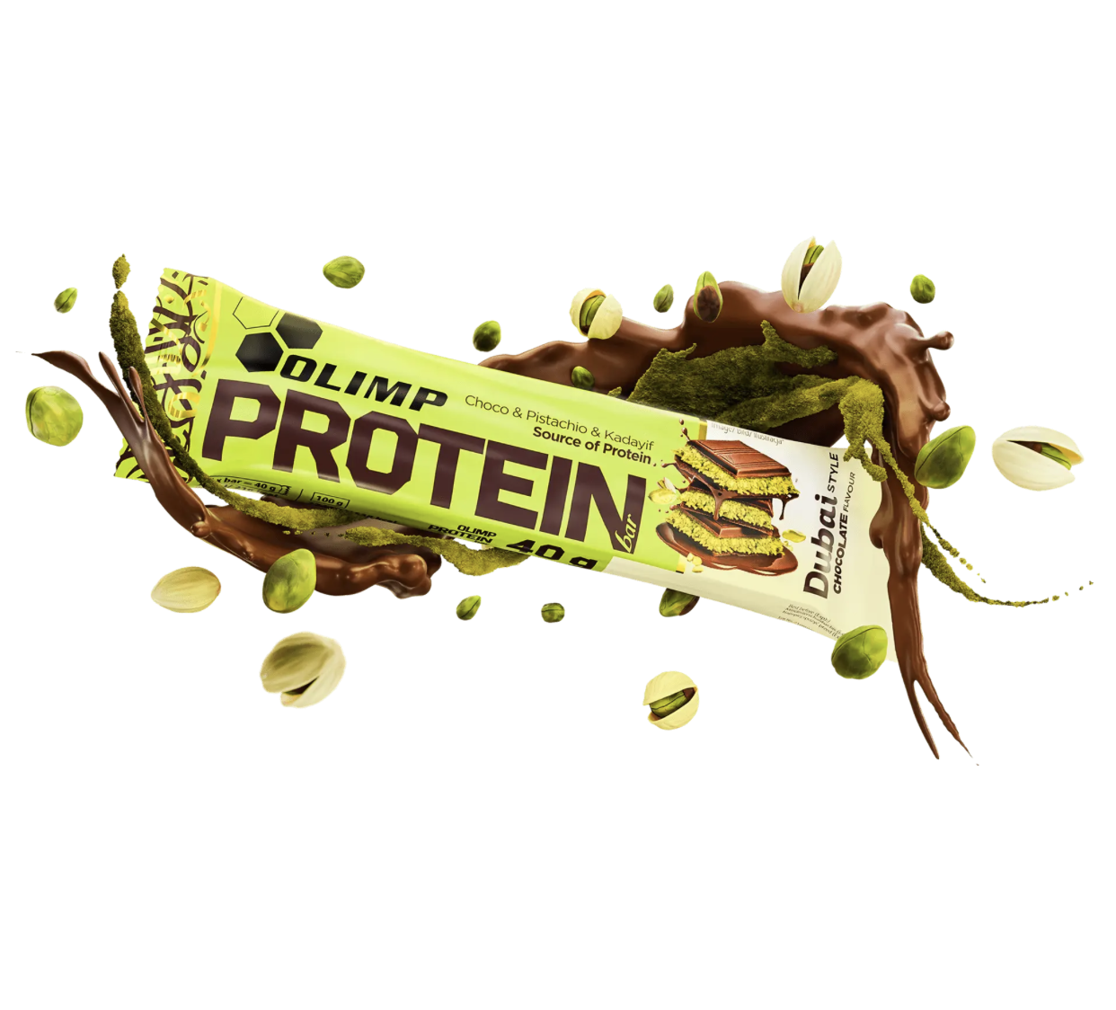 Olimp Protein Bar Dubai Style Chocolate Flavour: baton 40 g w opakowaniu, z pistacjami i czekoladą