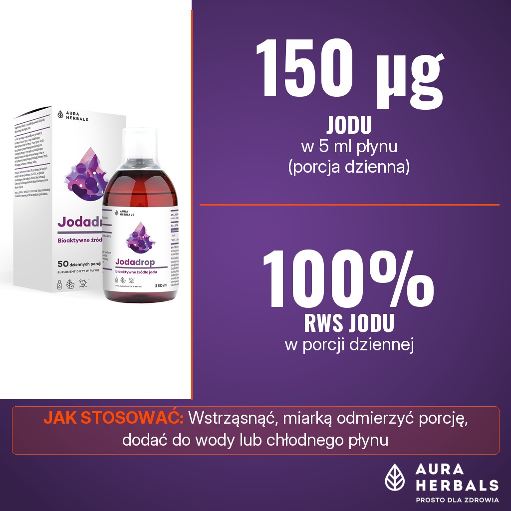 Aura Herbals Jodadrop: 150 µg jodu (100% RWS) w 5 ml płynu, z jodku i jodanu potasu oraz jodku i jodanu sodu