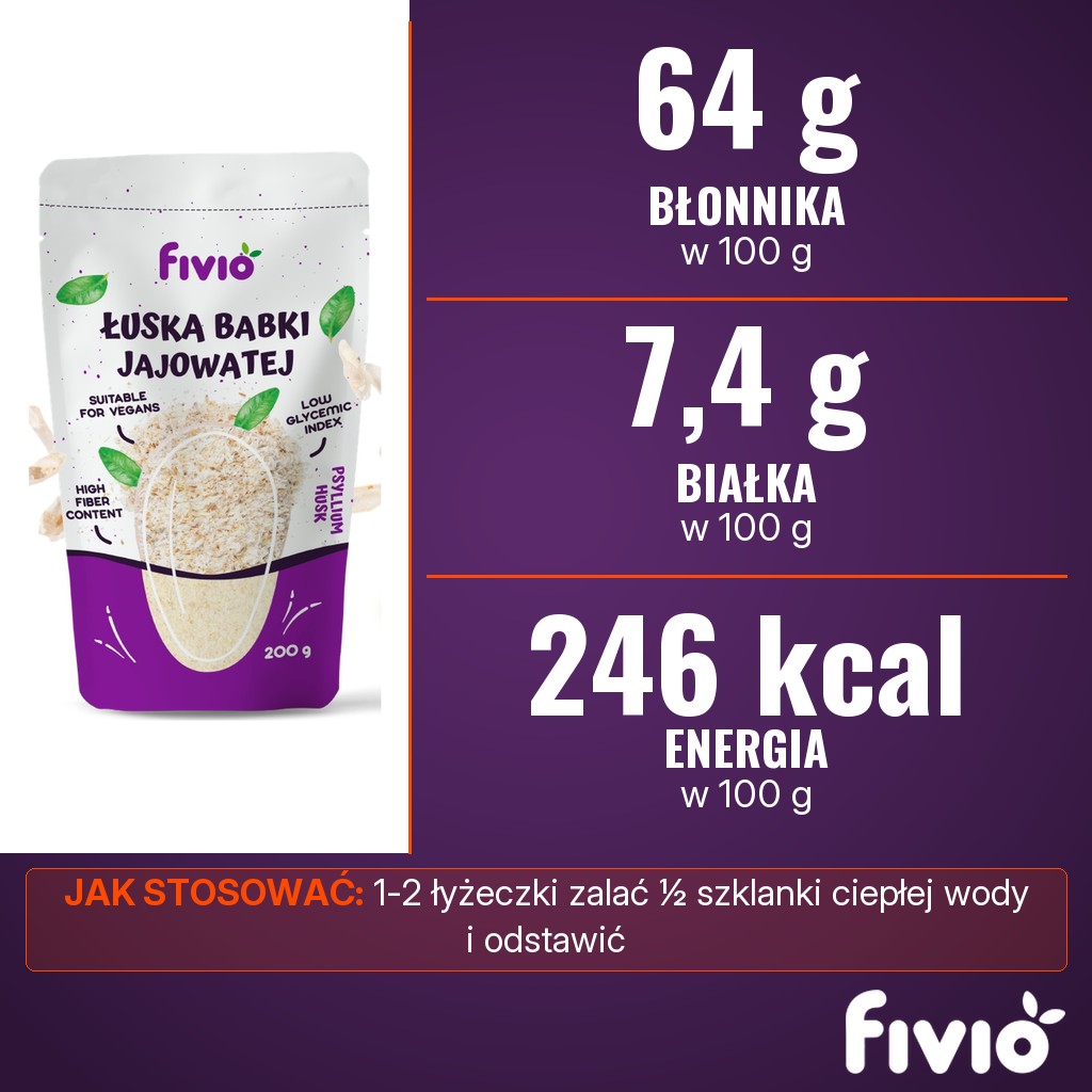 Fivio Łuska babki jajowatej: 64 g błonnika, 7,4 g białka i 246 kcal w 100 g