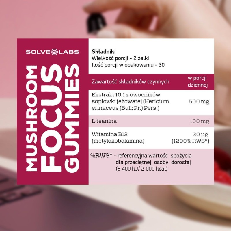 Solve Labs Mushroom Focus Gummies, opakowanie żelków, grafika producenta