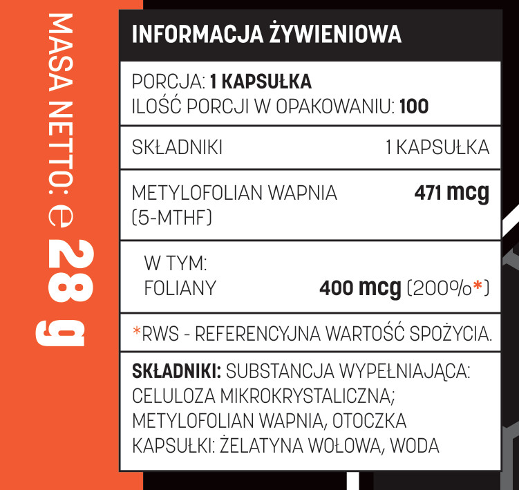 Informacja żywieniowa Testosterone.pl Folate 400